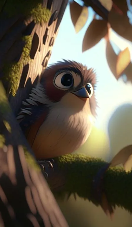 a film still of a cute bird in a tree from a 2.5d animated movie, sharp focus