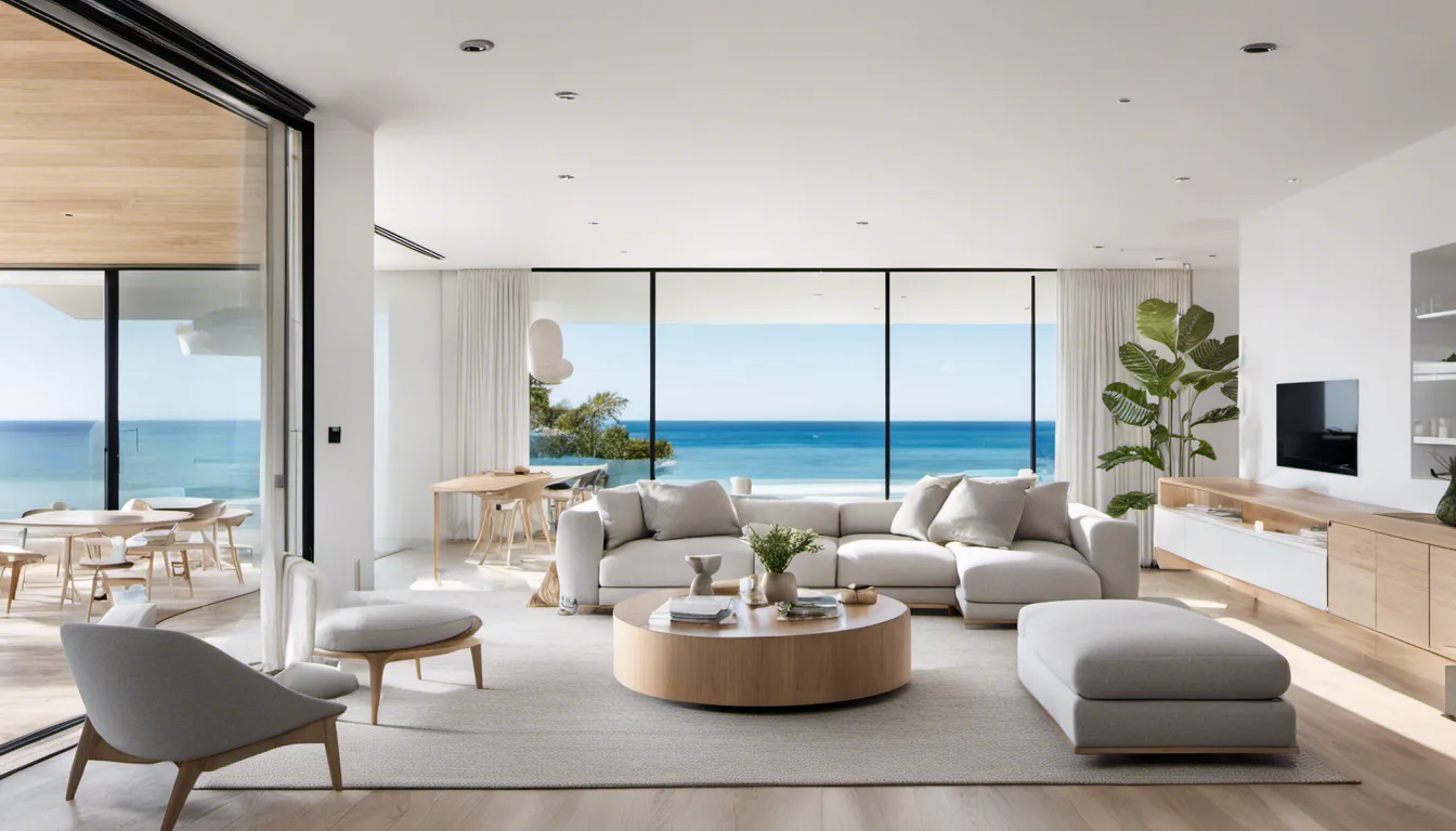 beach house interior design with minimalist clean lines, and open spaces, white walls and light wood floors, sleek modern furniture with ocean-inspired hues, emphasizing simplicity and tranquility. Decor: Minimalistic artwork, uncluttered surfaces, glass accents.