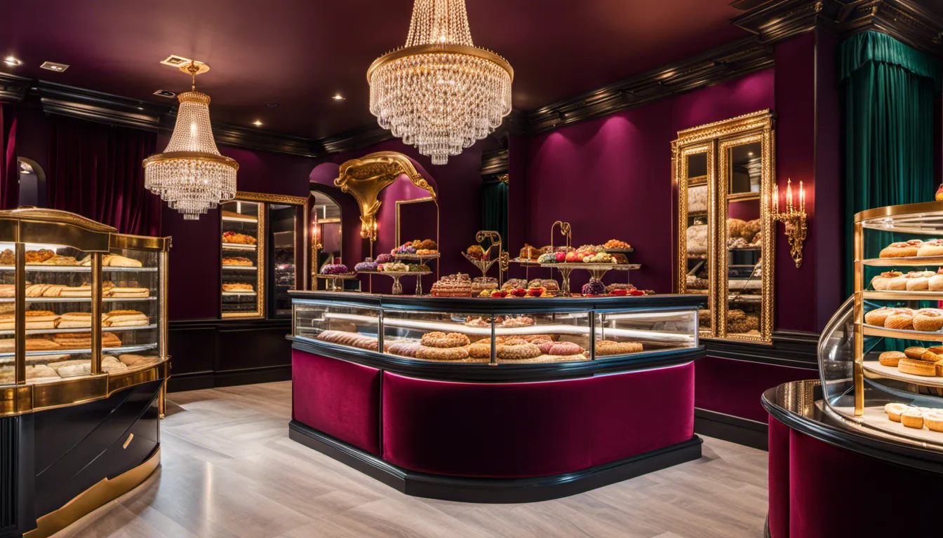 A bakery shop interior fit for royalty. Use rich jewel tones, gilded accents, and velvet drapery to evoke a sense of regal opulence while maintaining a cozy and inviting feel.
