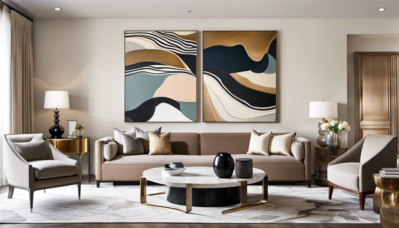 Craft an interior wall decor that embodies understated luxury. Use a single large piece of statement artwork, such as an abstract painting or a sculptural installation, against a backdrop of muted tones and elegant furnishings.