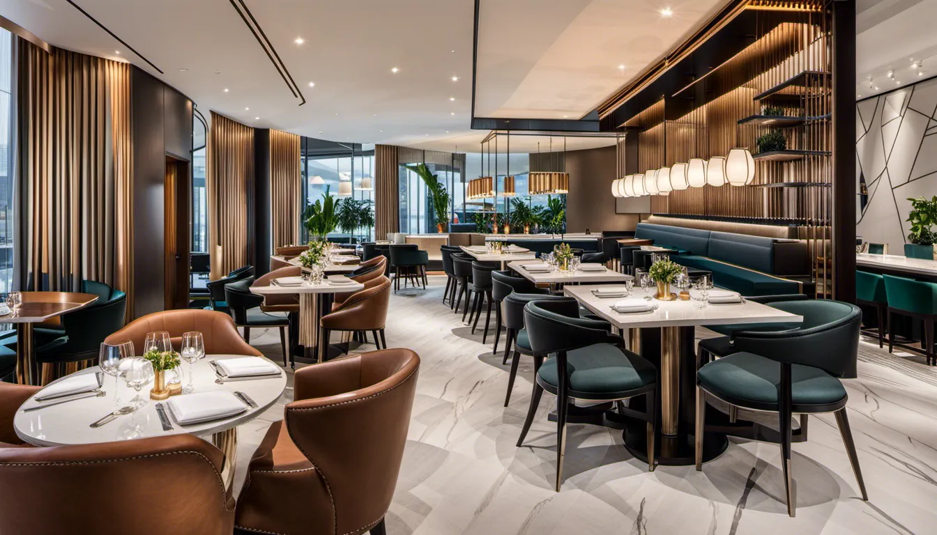 A contemporary and elegant restaurant interior that features sleek design elements and high-quality materials. Incorporate polished surfaces, modern art pieces, and curated decor to achieve a sense of refined style.