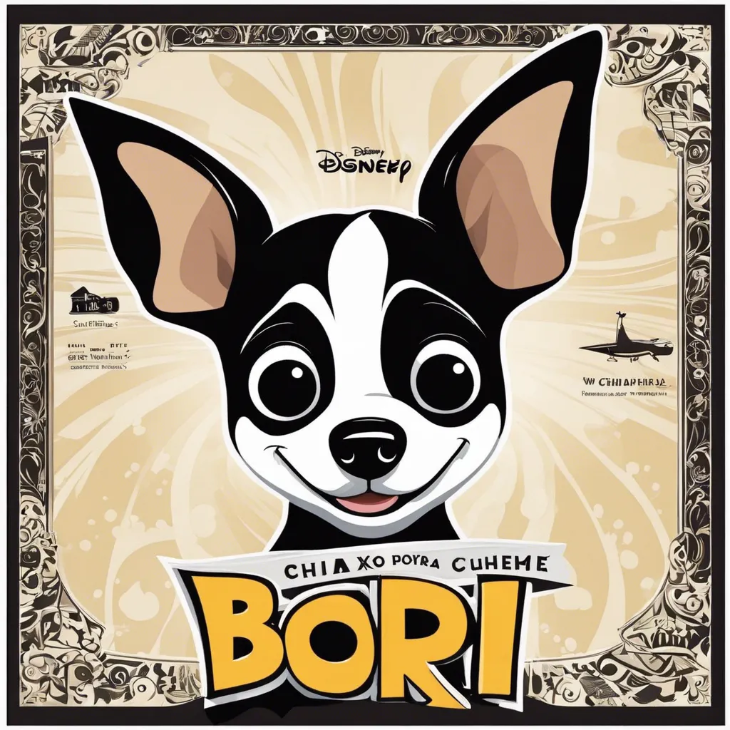 Animated movie poster with Disney and Pixar logos The Chihuahua with white and black patterns and ears sticking out The title is Bori
