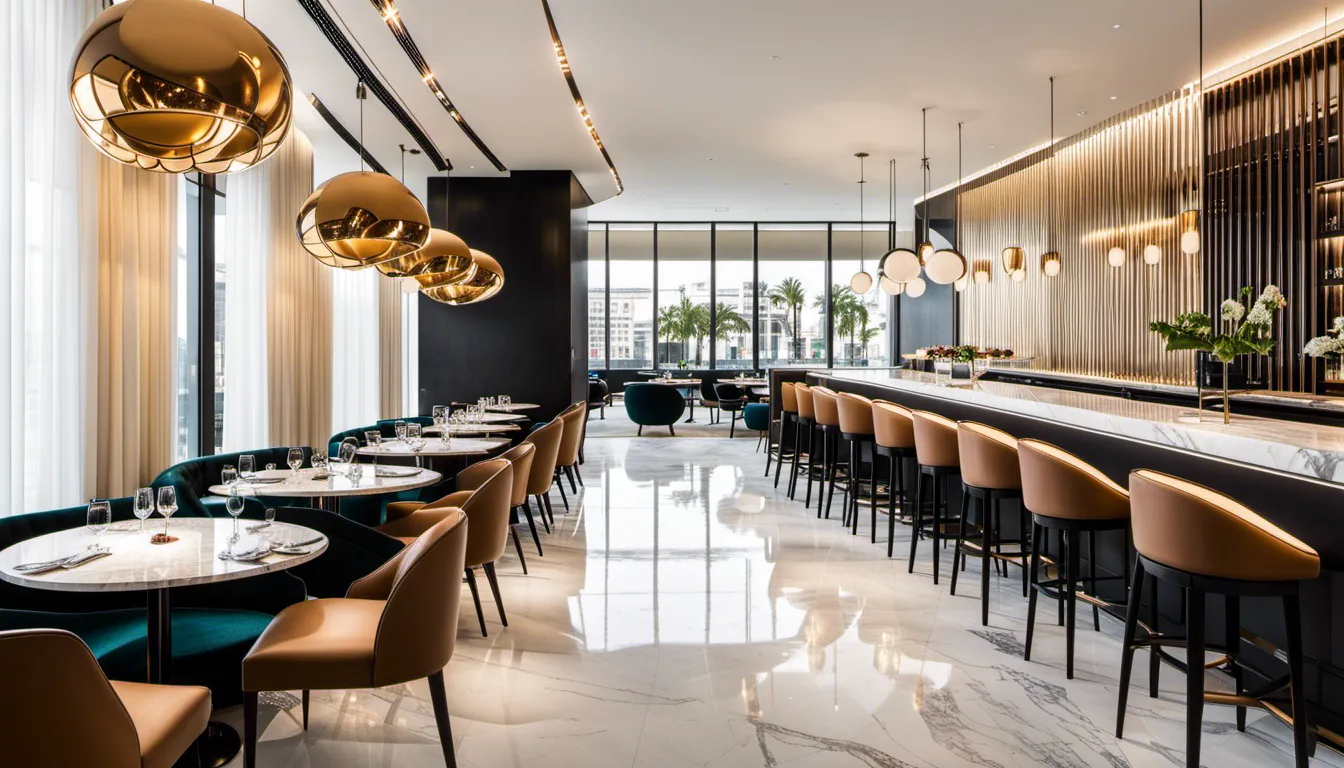  A sleek and sophisticated luxury restaurant interior that emphasizes clean lines, minimalist design, and high-quality materials. Think marble surfaces, sculptural lighting, and statement art pieces for a contemporary upscale ambiance.