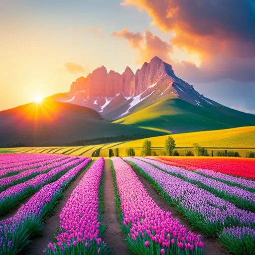 "Analog photography 35mm defocused tulips at sunset, countryside, High-resolution, Ultra-HD, Detailed, Sharp, Clear  "
