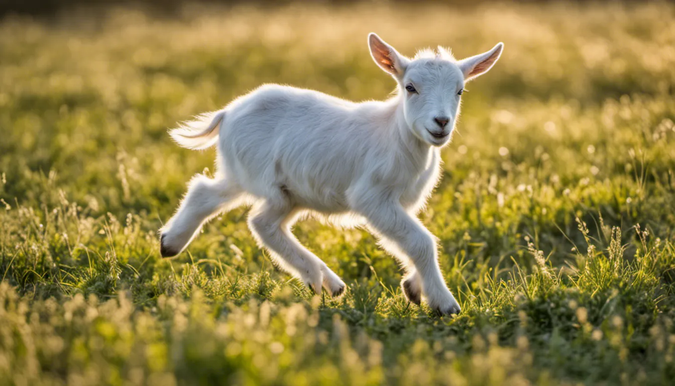one Baby goat frolicking in a sunlit meadow, their tiny leaps and playful antics capturing the essence of youthful energy. Camera settings: Full-frame DSLR, 35mm, f/1.4, 1/60 sec, ISO 100.