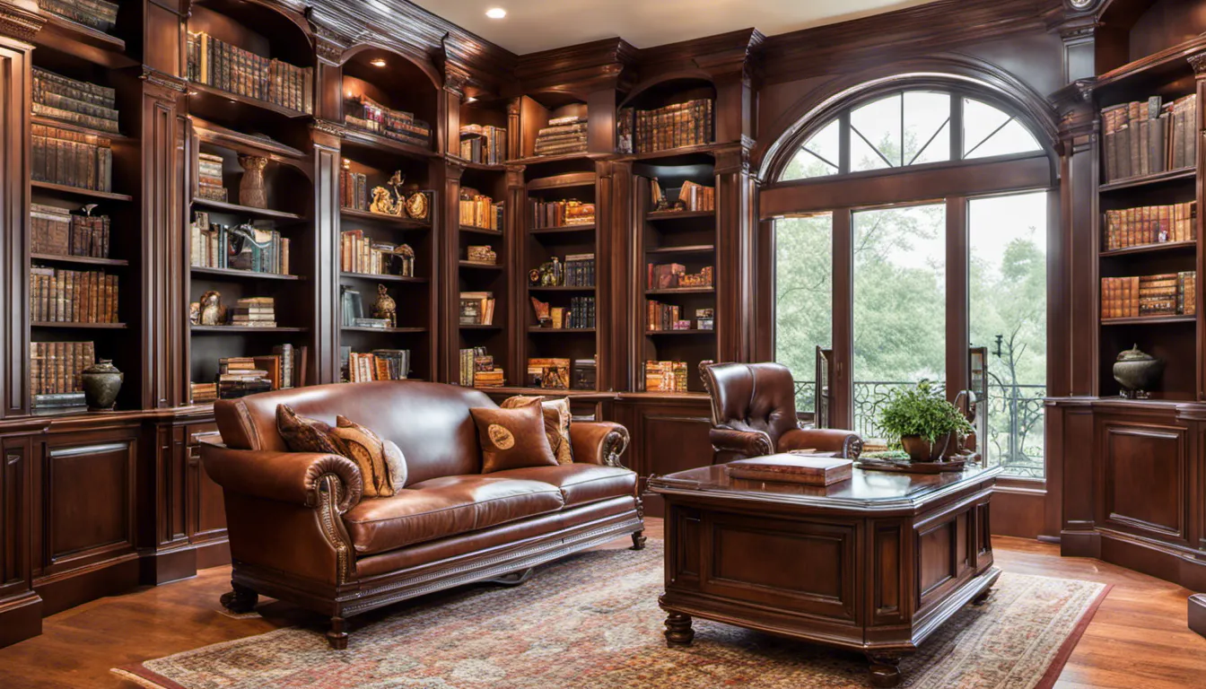 Capture the grandeur of a luxury home's private library. Showcase rich mahogany shelves, leather-bound books, cozy reading nooks, and ornate detailing.