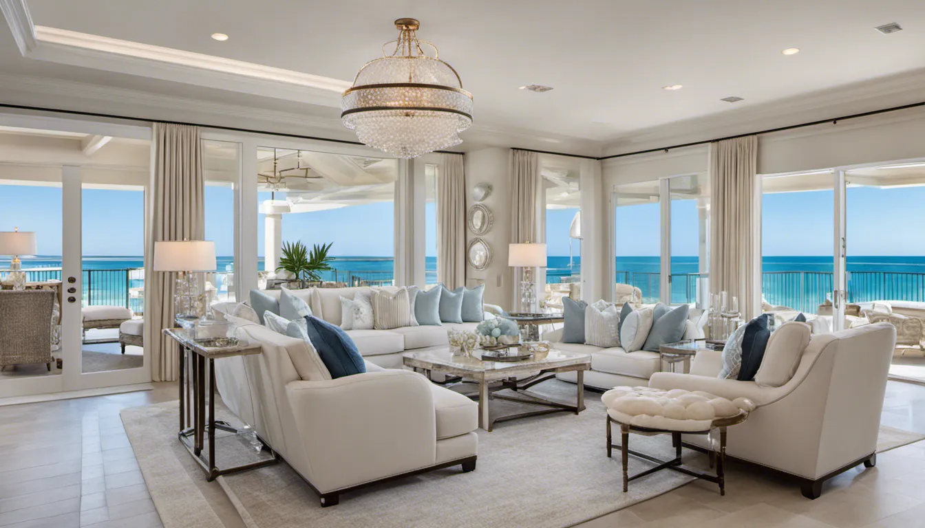 Elegant beachfront living, sophisticated beach house decor with a touch of luxury, plush upholstered furniture, marble accents, crystal chandeliers, creating a refined coastal retreat. Decor: Mother-of-pearl details, elegant seashell displays.