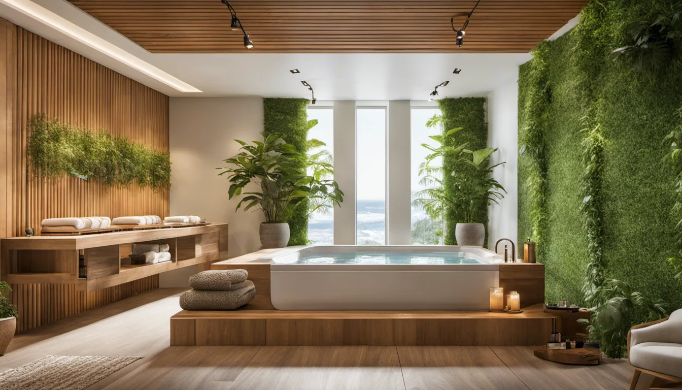 Capture the eco-friendly design of a spa featuring recycled materials, greenery walls, and energy-efficient lighting. Highlight sustainability-focused details.