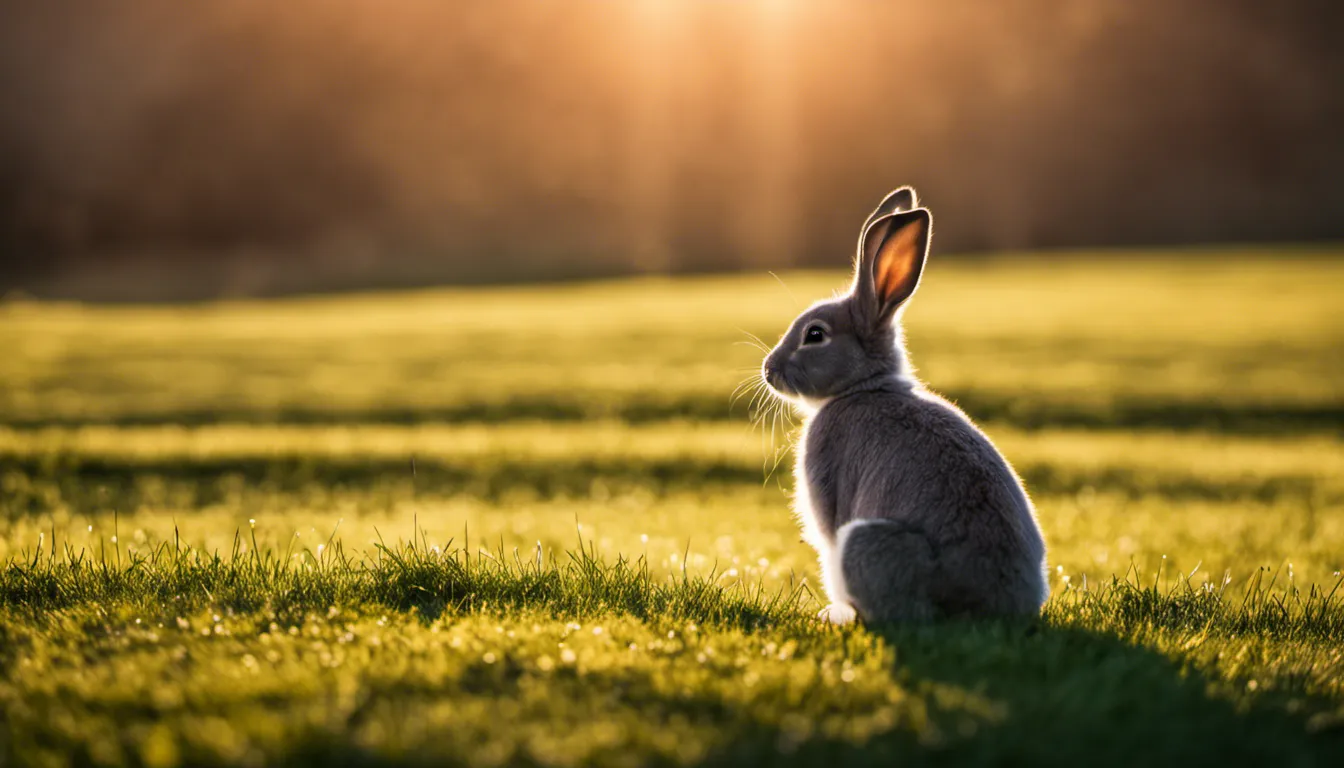a beautiful image of Easter bunny against the backdrop of a setting sun, casting a long shadow on the grass, creating a poetic and nostalgic mood. Camera settings: 135mm, f/4.0, 1/200 sec, ISO 100.