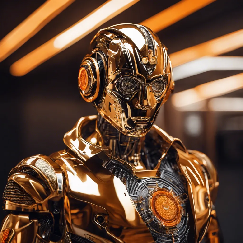 a gold artificial intelligence with small orange details, holding a shirt, studio lighting, blurred background, ultra realistic