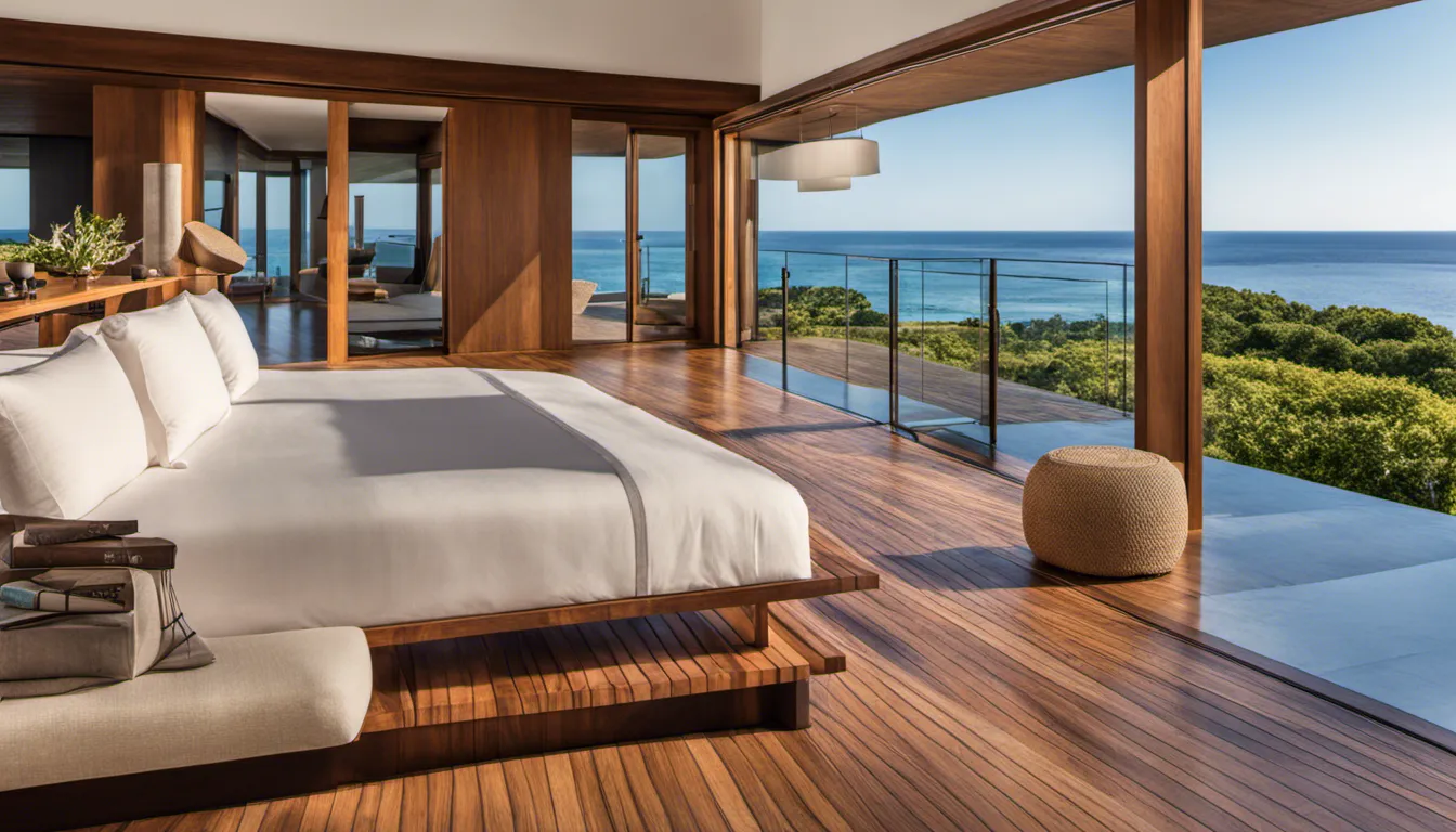 Zen-inspired luxury beach house, minimalist interiors with an emphasis on natural materials, floor-to-ceiling windows for uninterrupted ocean vistas, and teak furnishings for a serene ambiance.