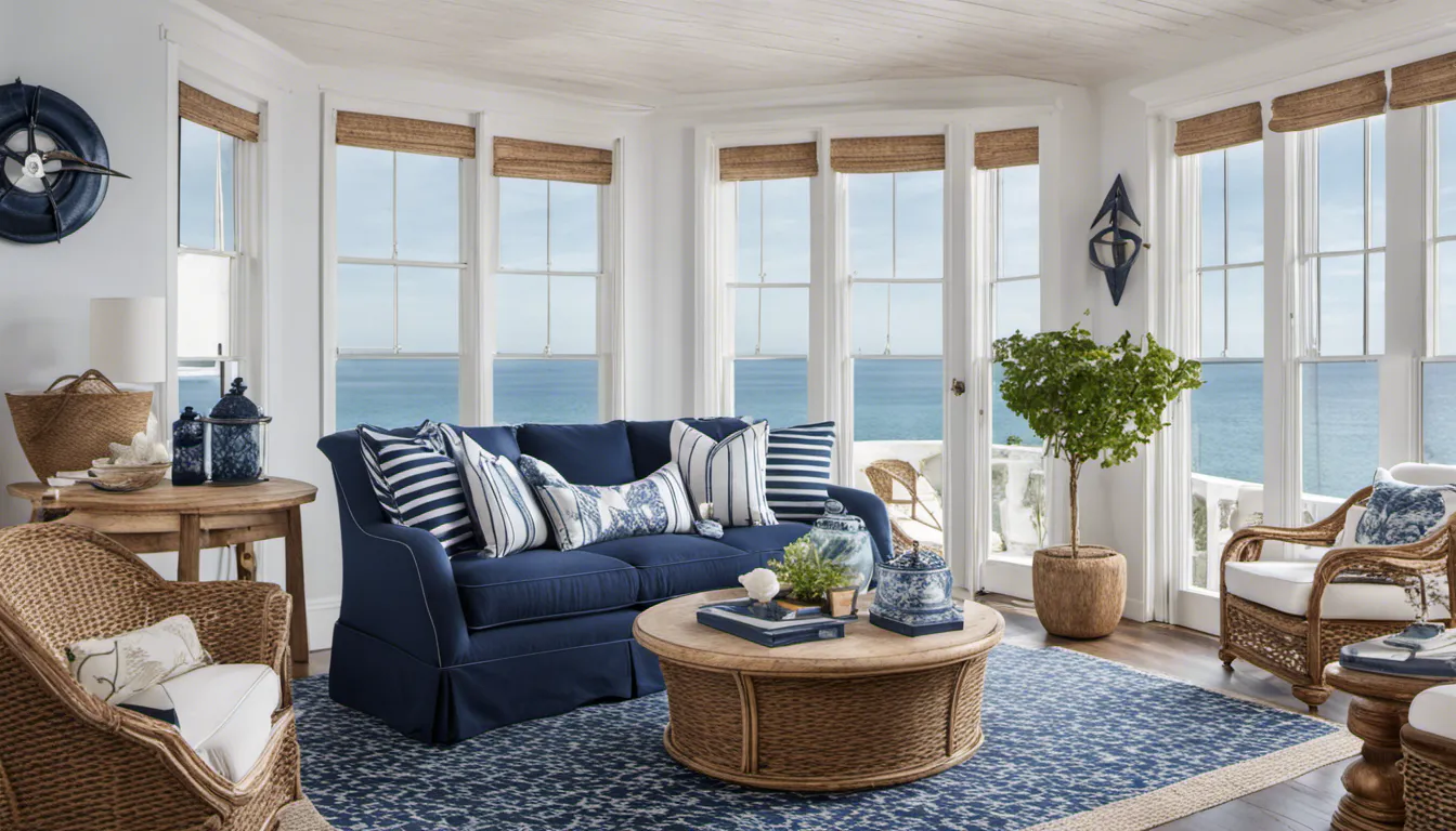 Nautical-themed beach house interior design,windows overlooking the sea, navy blue and white color scheme, vintage wood furniture, and ocean-inspired accents