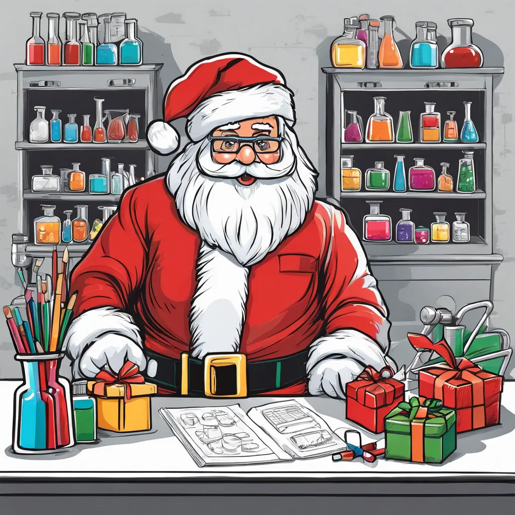 dibujar a Santa Claus en un laboratorio de quimica, con muchos regalos