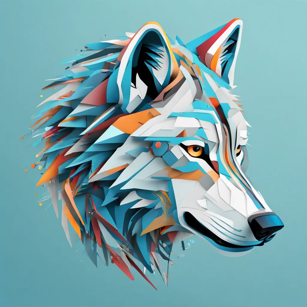 a wolf, minimalistic colorful mecanical forms, energy, assembled, layered, electronic, 3D,hiperrealistic on a light blue background