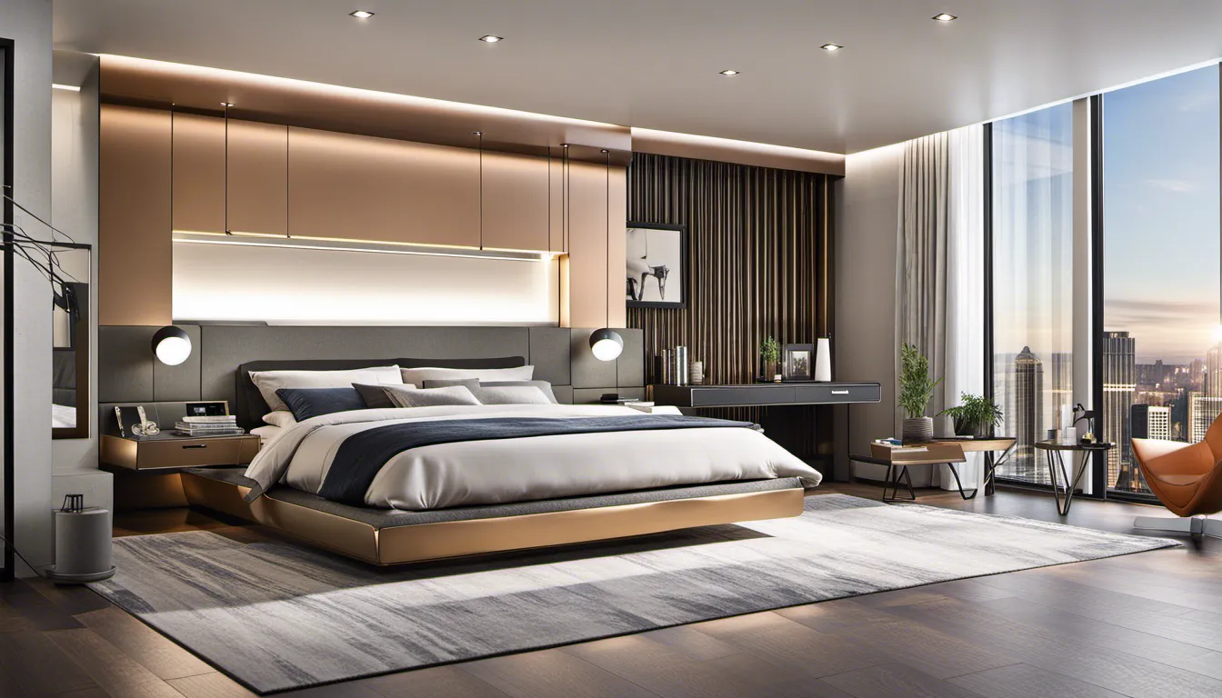 Design a cutting-edge bedroom with sleek lines, metallic finishes, and futuristic technology. Incorporate LED lighting, smart home features, and space-saving furniture for a modern and innovative look.