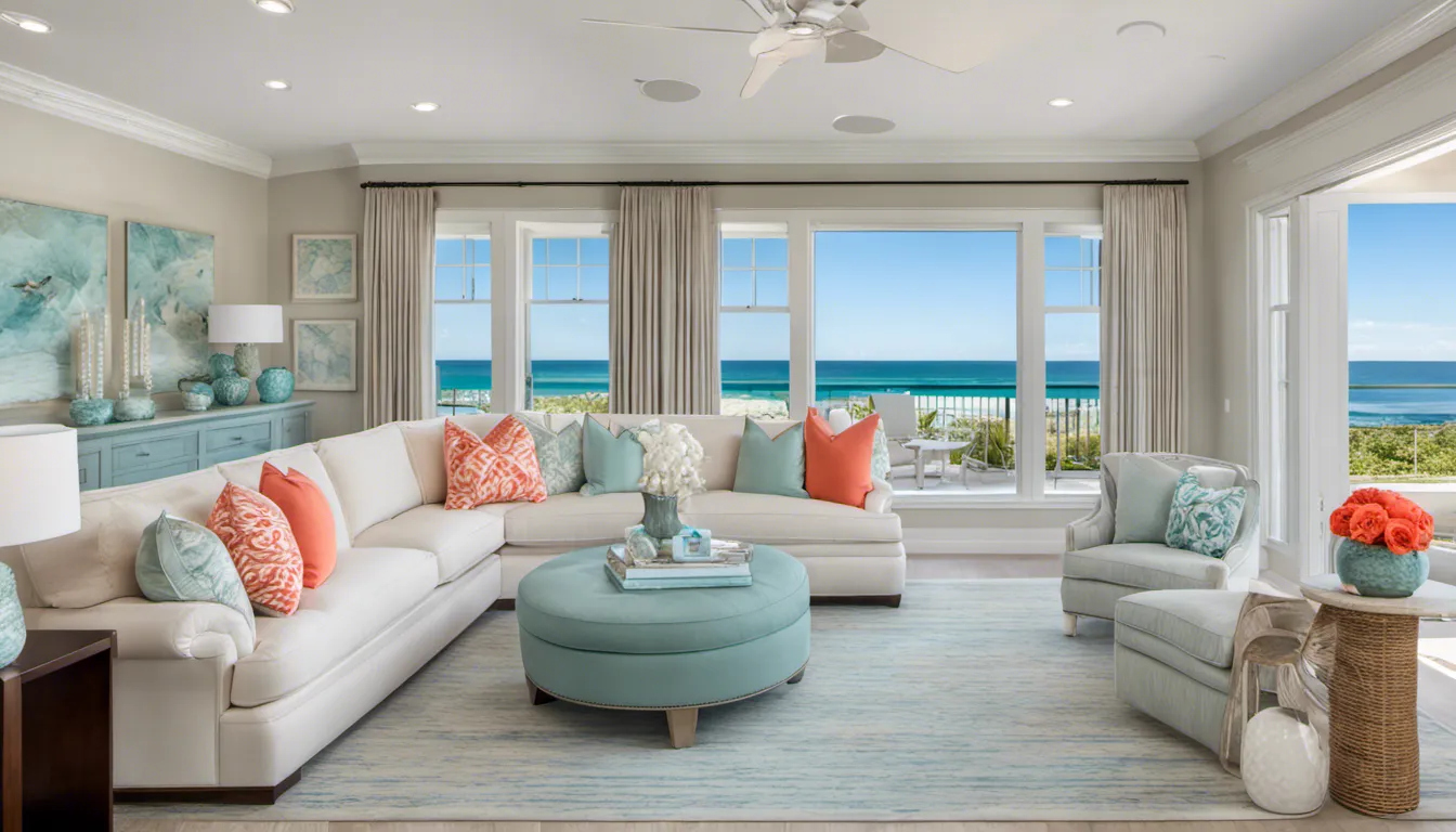 Transitional beachfront elegance, a balance between classic and modern design, neutral palette with touches of seafoam and coral, custom-built cabinetry, and panoramic windows to enjoy the ocean views. Design elements: Coastal landscape oil paintings, ceramic coral sculptures, tailored upholstered furniture.