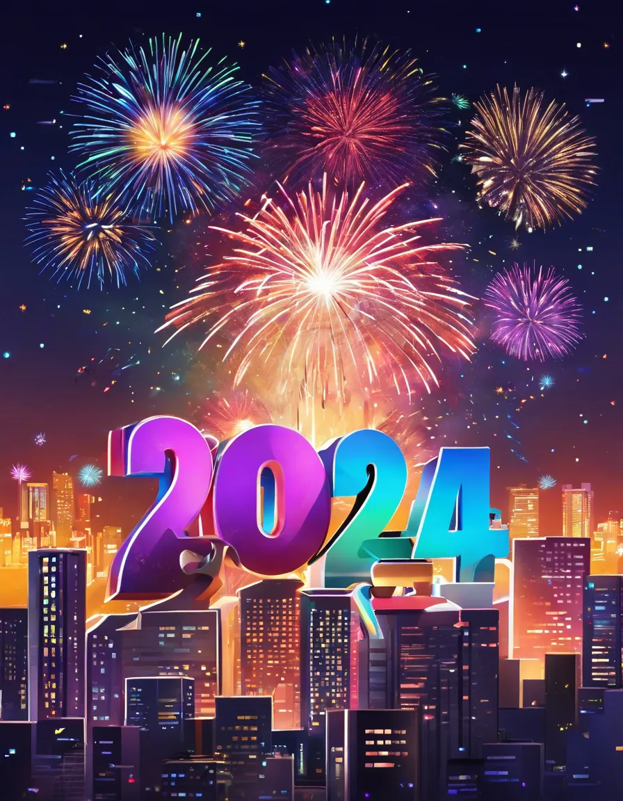 creates a festive new year 2024 celebration image with video game characters and futuristic technologies. Caracas city background at night. Fireworks.