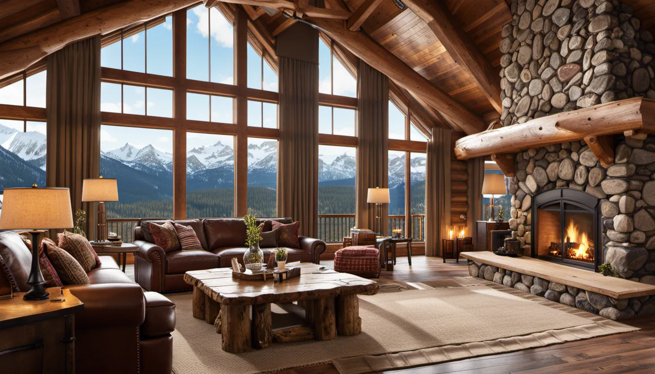 A mountain lodge-style interior featuring stone fireplace, animal hides, log furniture, exposed wooden beams, plaid upholstery, and panoramic windows offering stunning views of snow-capped peaks. Camera settings: Standard zoom lens, f/4.0, 1/60 sec, ISO 800.High Quality, Ultra HD (8K Ultra HD), Realistic,Sharp,Clear