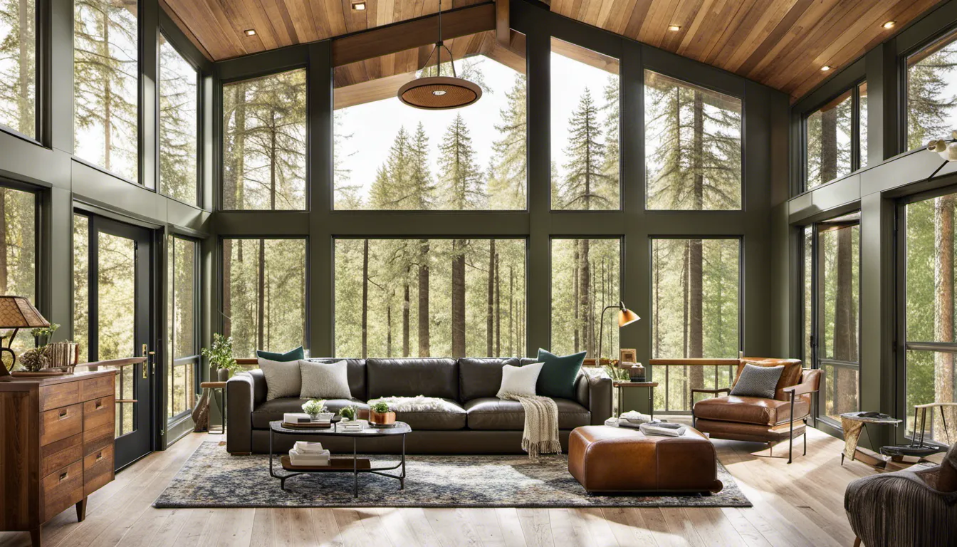 Create a cabin interior that seamlessly blends with its natural surroundings, embracing the beauty of the forest. Use large windows to allow ample natural light and panoramic views of the trees. Opt for a color palette inspired by the outdoors, featuring earthy tones like deep greens, browns, and shades of gray.