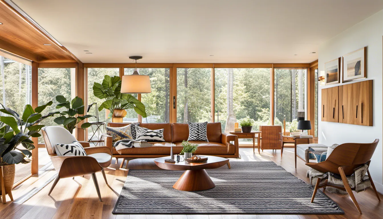 Merge mid-century modern design with cabin aesthetics by combining clean lines with natural materials. Incorporate iconic furniture pieces, like Eames chairs, and mix in wood accents.