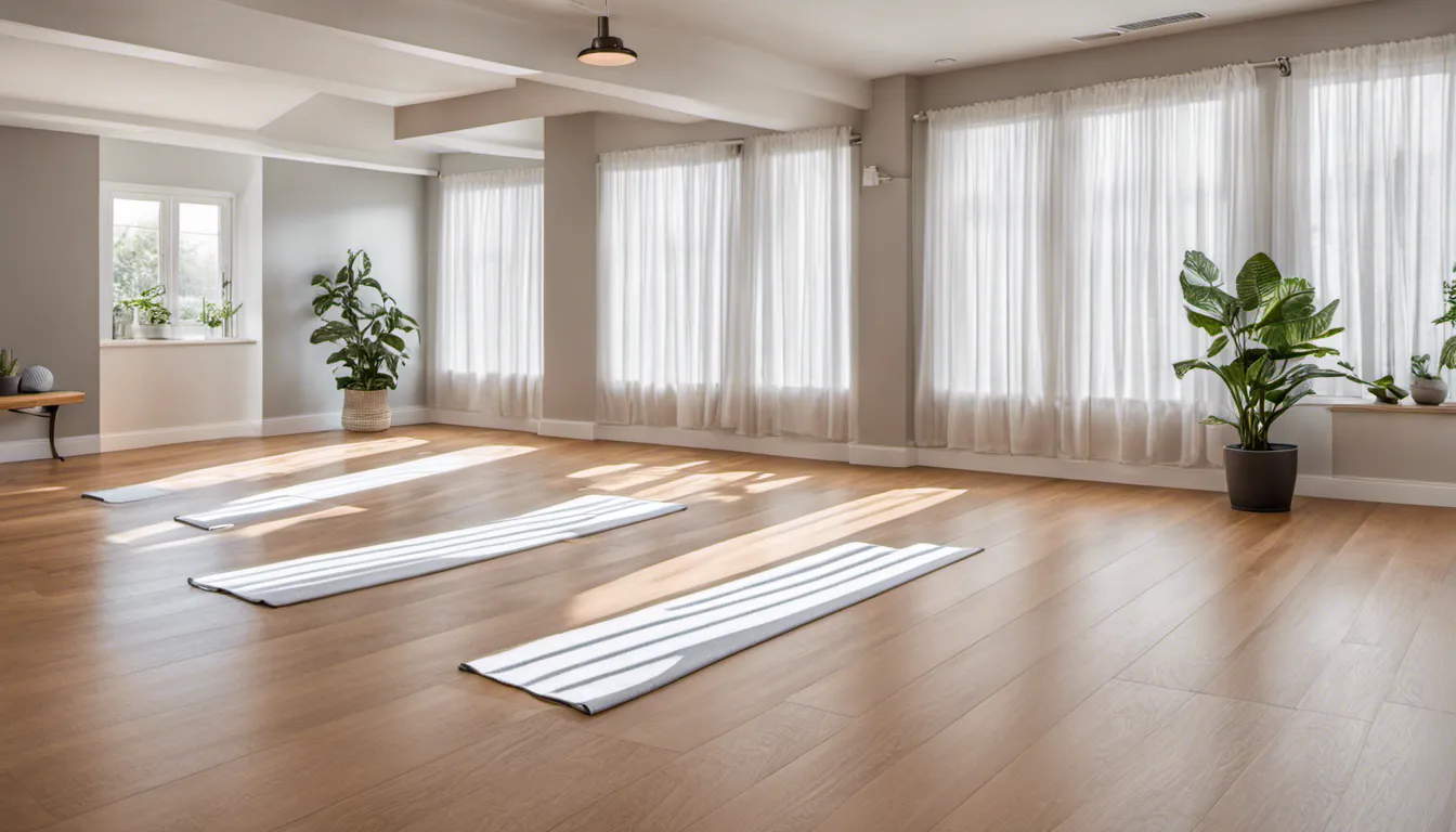 A photograph of a serene basement yoga studio with light oak hardwood floors, large windows covered in sheer white curtains, and yoga mats neatly arranged in a calming manner.