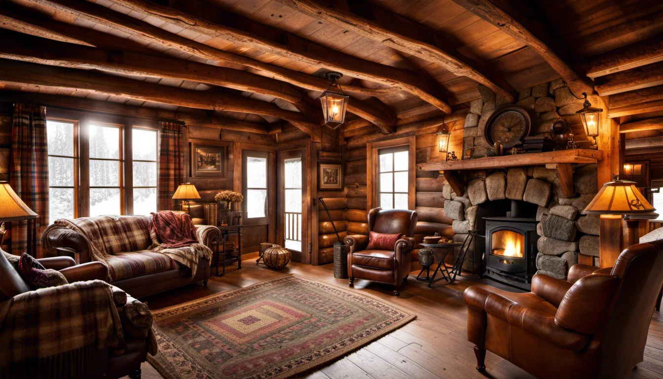A rustic wooden cabin interior with a crackling fireplace, plaid blankets draped over vintage leather armchairs, exposed beams on the ceiling, warm earth tones, and a collection of antique lanterns casting a soft glow. Camera settings: Wide-angle lens, f/2.8, 1/60 sec, ISO 400.