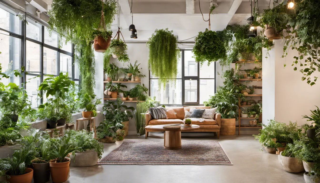 Photograph of an urban basement converted into a lush indoor garden with hanging planters, potted trees, and a variety of foliage.