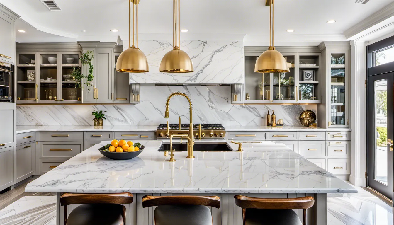 A beautiful kitchen interior design view with luxurious marble countertops and combine with other high-quality materials such as brushed brass or gold hardware for cabinet pulls, gas stove, faucets, and light fixtures, open shelving with marble backing, marble flooring, Camera settings: Full-frame DSLR, 24mm, f/4.5, 1/80 sec, ISO 400, high quality, ultra detailed, high resolution