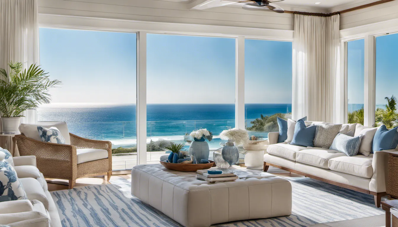 Photograph a coastal luxury home with panoramic views. Feature large windows, nautical elements, and a mix of whites and blues to create an airy, relaxing ambiance.