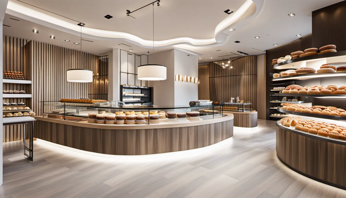 Craft a modern and upscale bakery shop interior with clean aesthetics and sleek design. Incorporate polished surfaces, minimalistic displays, and innovative lighting for a fresh and sophisticated ambiance.