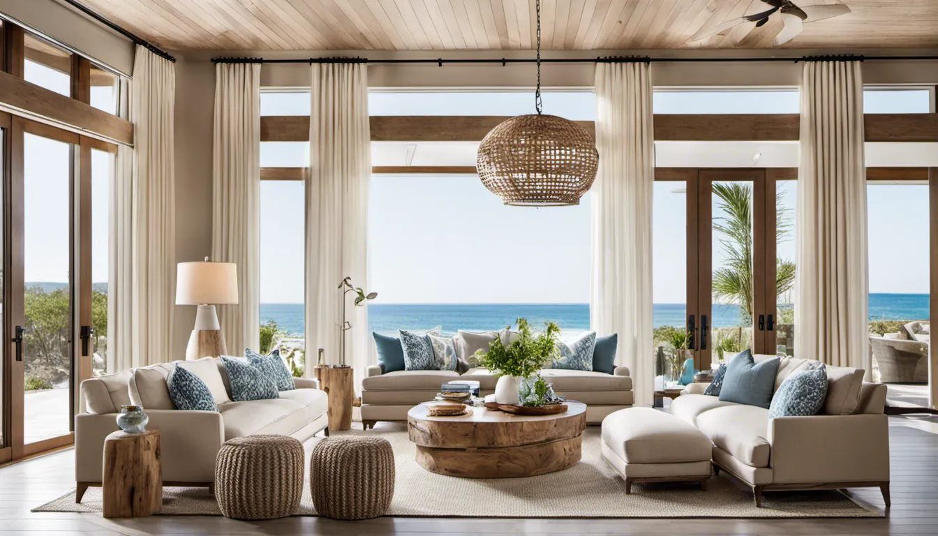 Sun-kissed beach house interior, floor-to-ceiling windows overlooking the ocean, driftwood accents and sandy hues, open-concept living area blending indoor and outdoor spaces seamlessly. Decor: Coastal-inspired furniture, natural textures, light linen curtains.