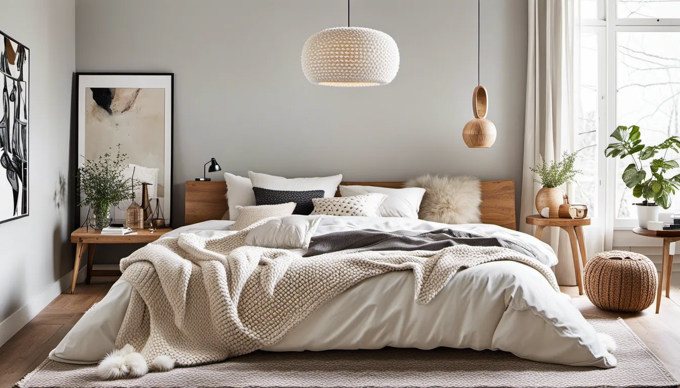 Embrace the Scandinavian design philosophy with a light and airy bedroom. Use a neutral color palette, natural wood elements, and functional furniture. Add cozy textiles like sheepskin rugs and chunky knit blankets for warmth.