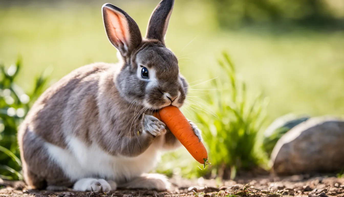 Candid shot of an Easter bunny nibbling on a carrot, captured in a moment of natural behavior, with a blurred background showcasing the bunny as the focal point. Camera settings: 50mm, f/2.8, 1/320 sec, ISO 400.