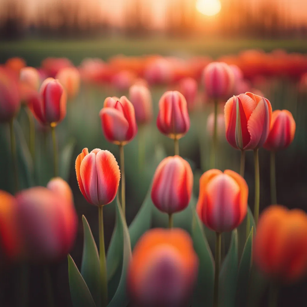 Analog photography 35mm defocused tulips at sunset, countryside, High-resolution, Ultra-HD, Detailed, Sharp, Clea 