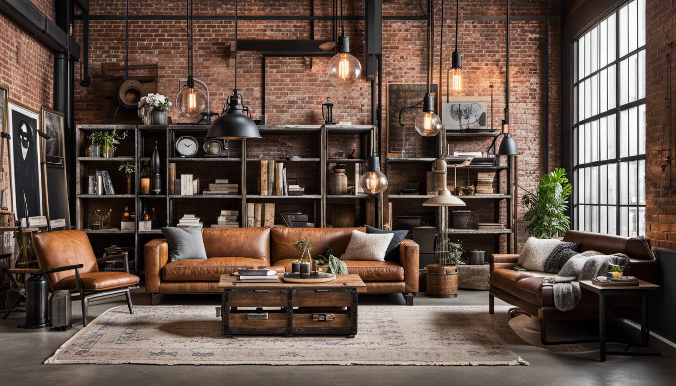 An industrial-inspired rustic space with repurposed wooden crates as shelves, metal accents, distressed brick walls, hanging Edison bulbs, and a mix of vintage and modern furniture pieces. Camera settings: Prime lens, f/4.5, 1/80 sec, ISO 800.
