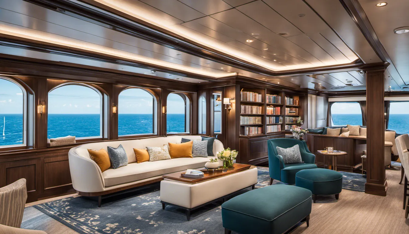 A sophisticated onboard library with elegant bookshelves, cozy reading nooks, and maritime-themed literature, inviting passengers to immerse themselves in a world of words and adventure.