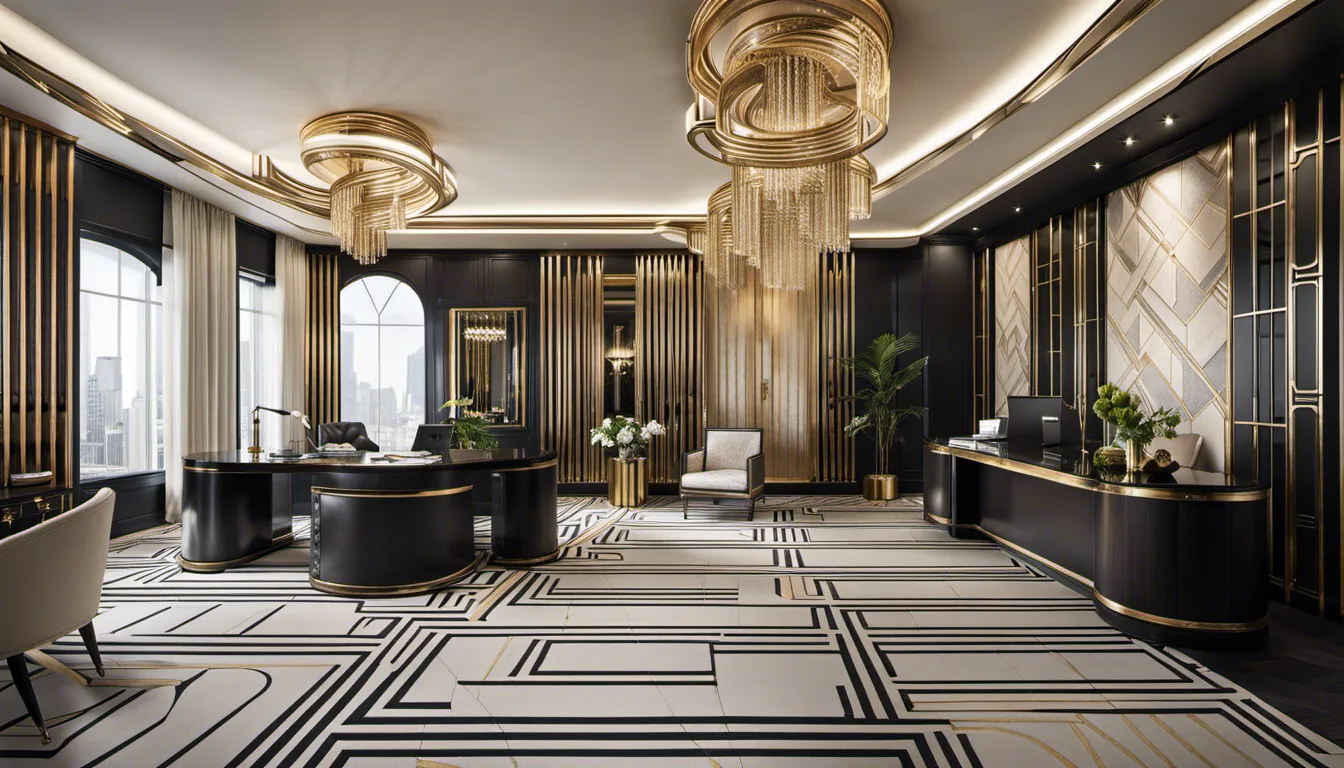 Transform the office into an art deco masterpiece, featuring luxurious materials, geometric patterns, and opulent finishes that evoke the elegance of the Roaring Twenties.