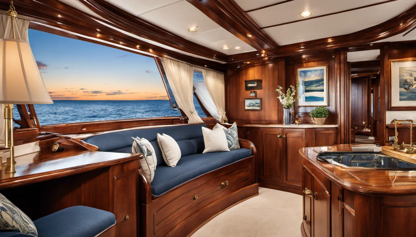 Capture the timeless beauty of a boat interior inspired by classic nautical themes, featuring rich mahogany wood, brass accents, and maritime artwork.