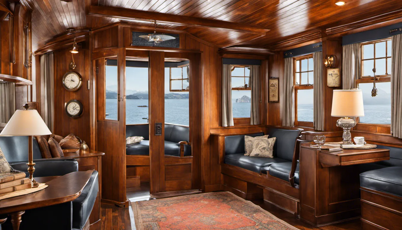 Take passengers back in time with a vintage-inspired interior reminiscent of a classic maritime expedition, featuring antique decor, aged maps, and rugged charm.