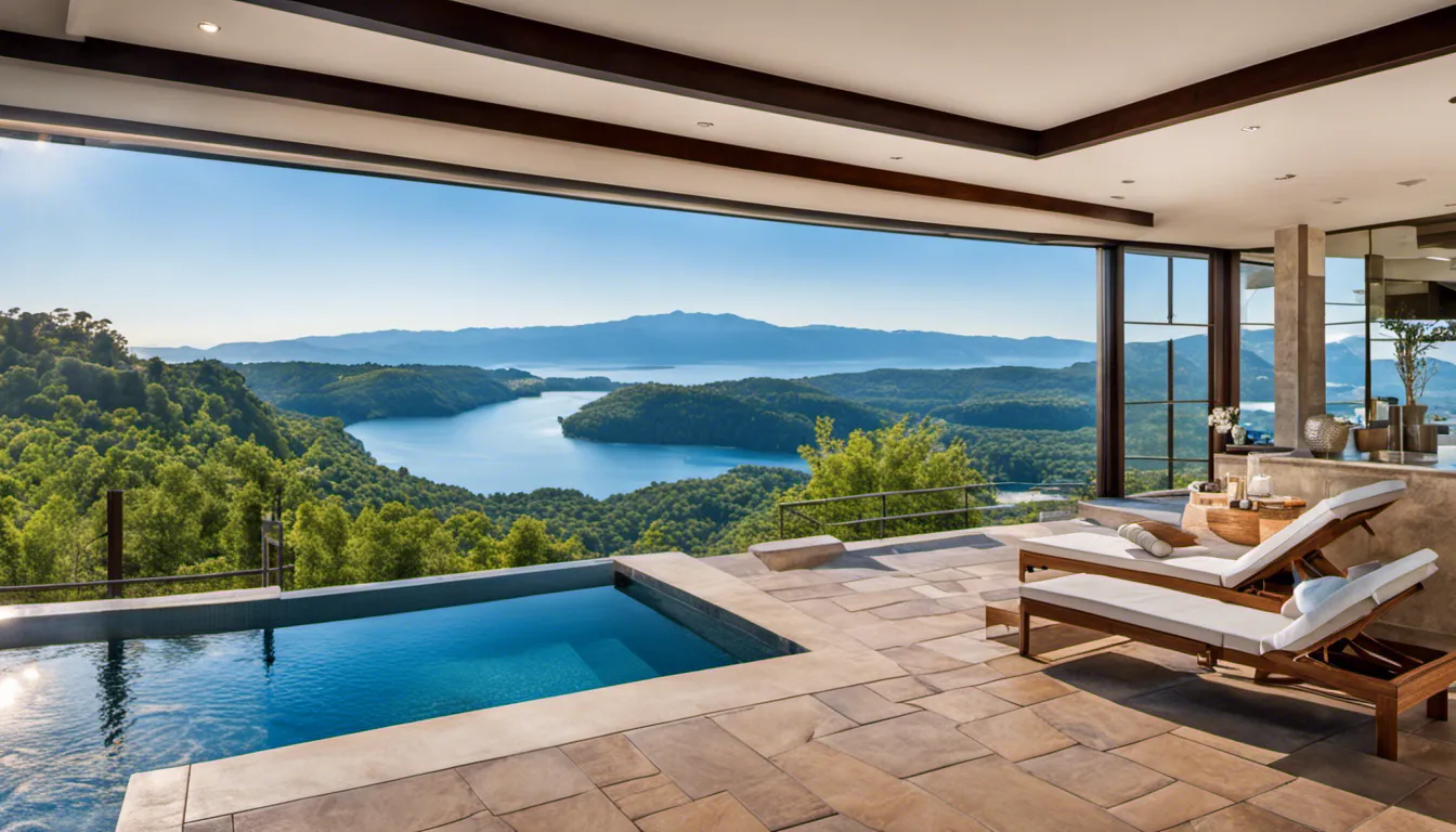 Capture the allure of an infinity pool in a spa with breathtaking views, emphasizing the seamless blend between the pool and the surrounding landscape.