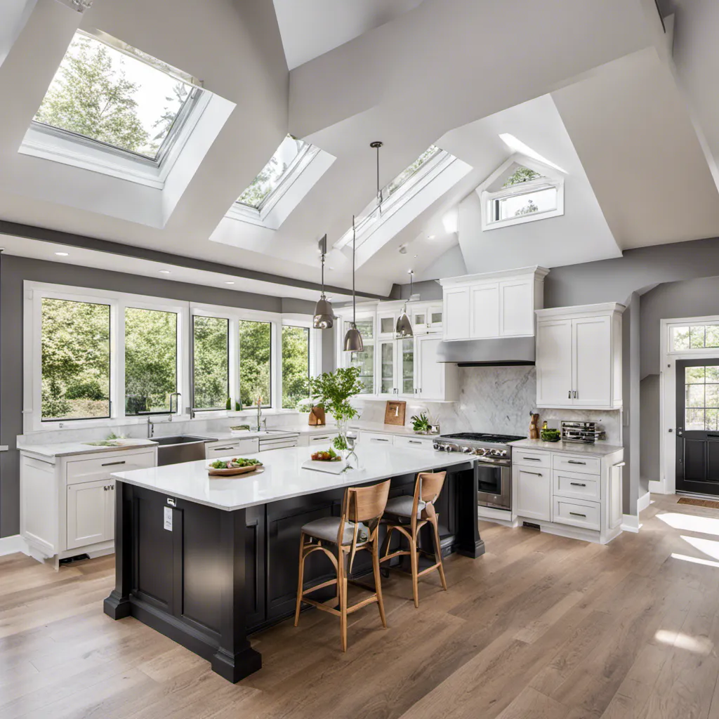 bright, modern kitchen with wolf range and skylight