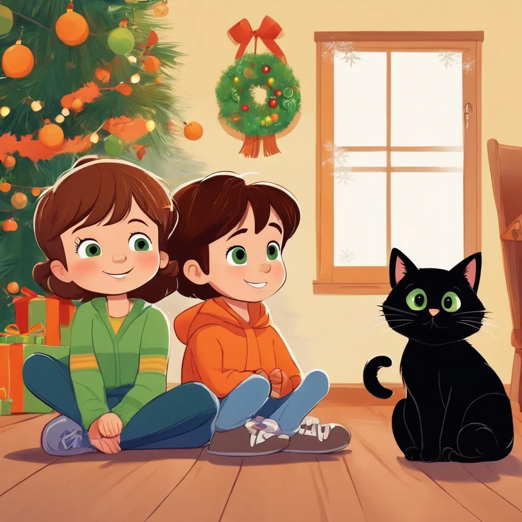 Christmas scene, little brother with short brown hair and toddler girl with wavy brown hair, green eyes, animated movie style pixar sitting with a black cat and an orange cat
