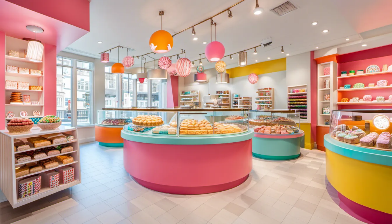 A bakery interior reminiscent of a candy store with vibrant and playful colors. Incorporate candy jar displays, colorful accents, and whimsical lighting to delight customers of all ages.