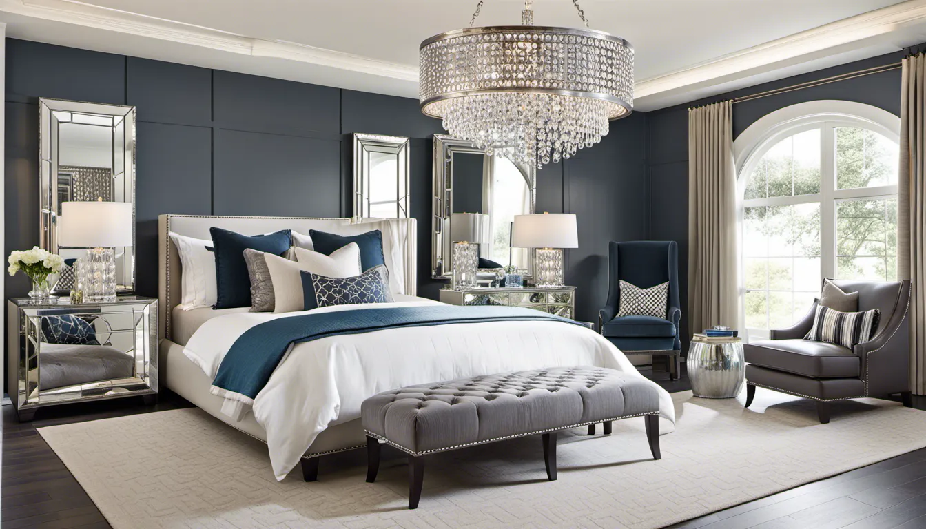 Design a sophisticated and sleek bedroom using a monochromatic color scheme with bold accents. Choose furniture with clean lines and metallic finishes. Incorporate mirrored surfaces and crystal chandeliers for a touch of luxury.