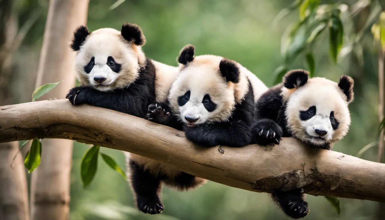 Fuzzy panda cubs cuddled up on a tree branch, bamboo leaves casting delicate shadows, their innocent expressions melting hearts. Camera settings: Full-frame DSLR, 35mm, f/1.4, 1/60 sec, ISO 100. 