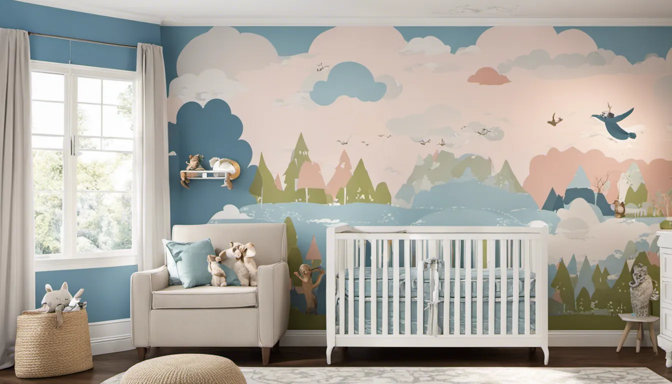 Capture the charm of a nursery with whimsical and playful paint designs, such as a sky with fluffy clouds or a forest filled with friendly animals.