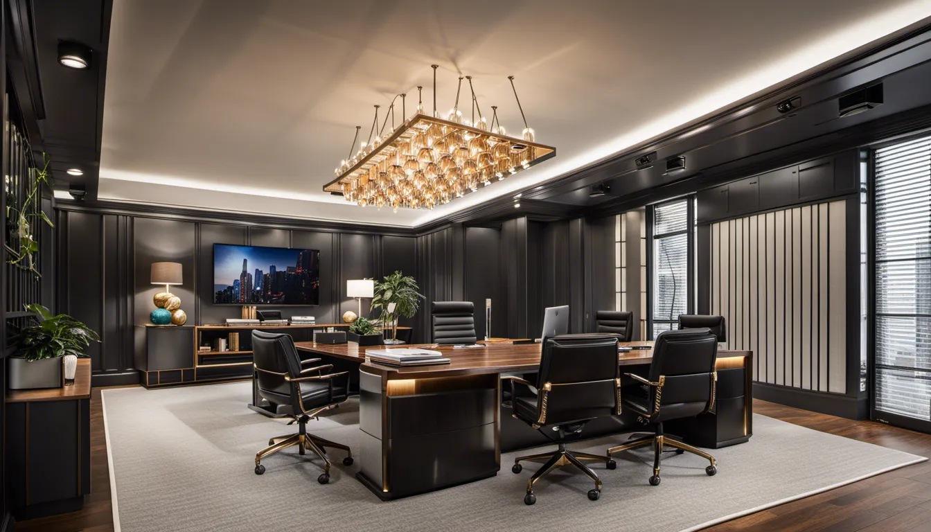 Design an office inspired by the world of cinema, featuring themed meeting rooms, Hollywood-style lighting, and dramatic decor that ignites a sense of cinematic storytelling.
