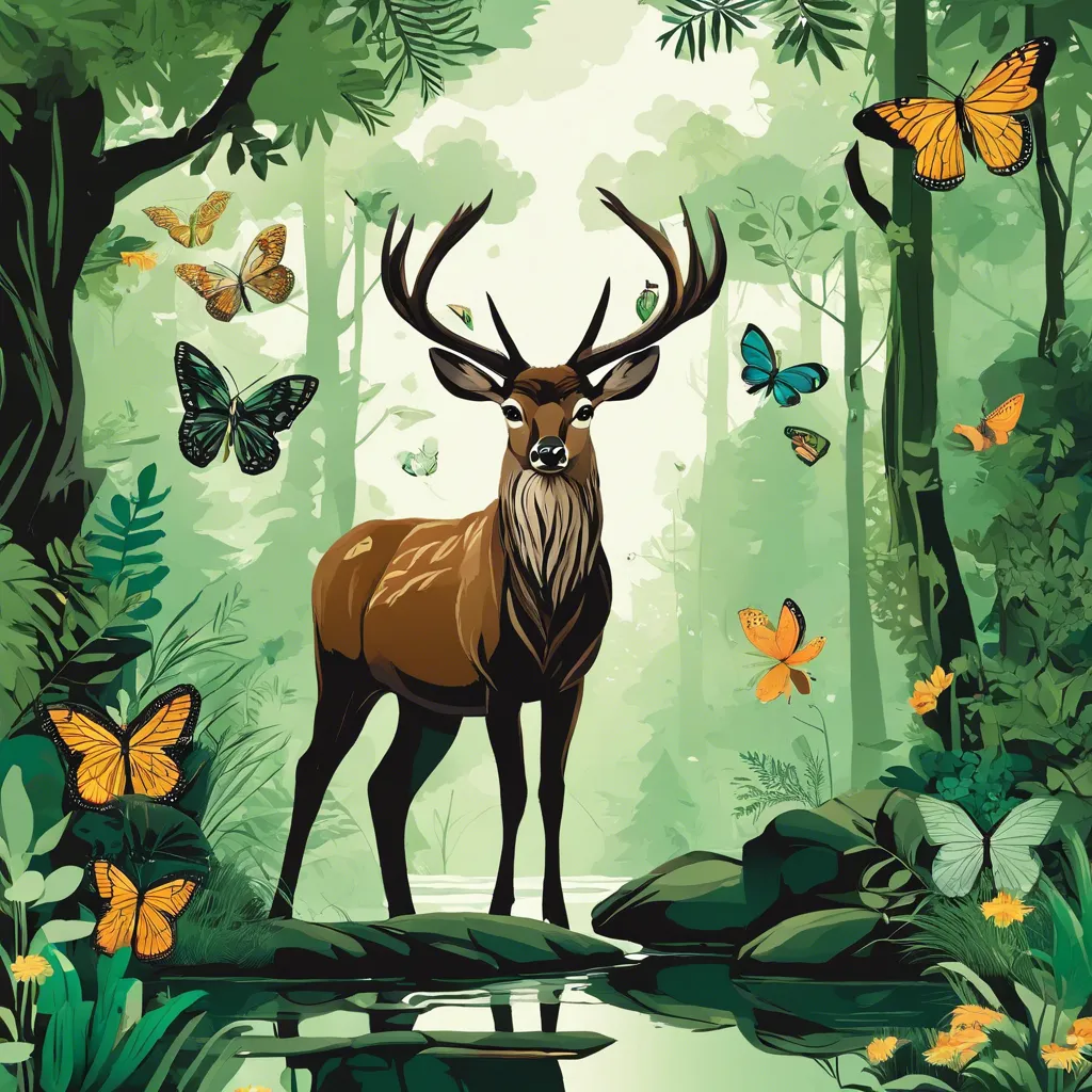 Imagen con un venado en un río verde y bonito con muchas mariposas alrededor y en un bosque soleado 