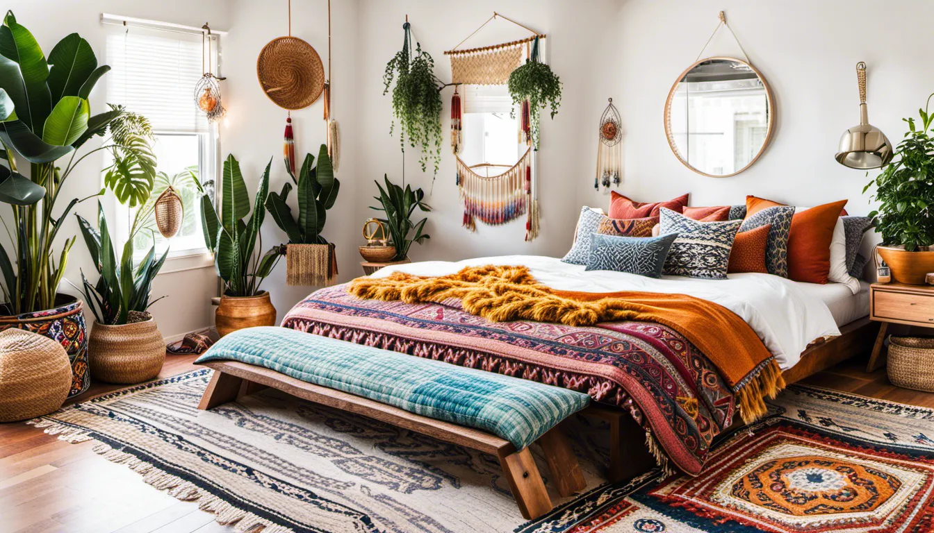 Infuse your bedroom with vibrant colors, rich textures, and eclectic patterns. Layer rugs, tapestries, and throw pillows for a cozy and relaxed vibe. Hang dreamcatchers, string lights, and plants to add to the boho atmosphere.