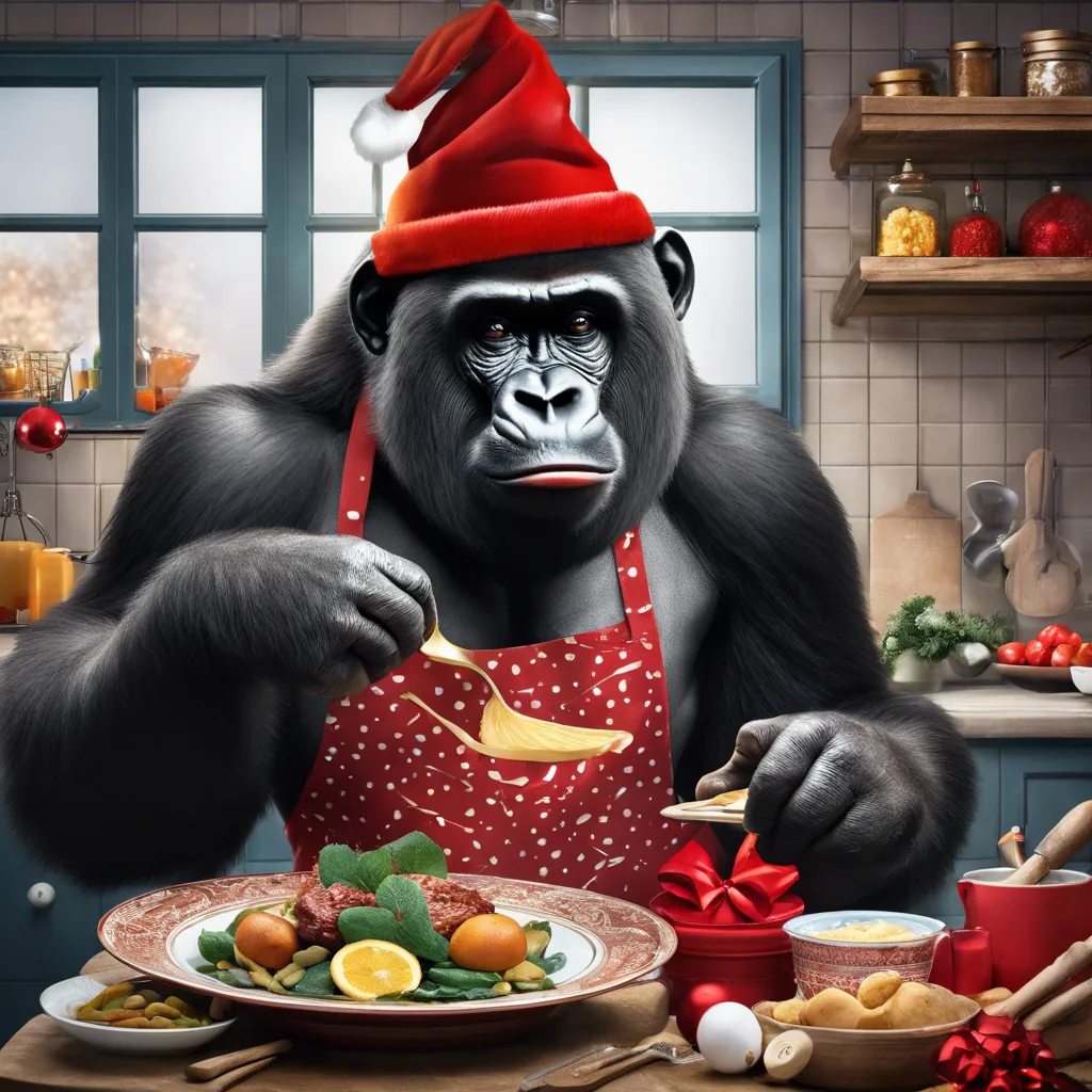 fotografía de un gorila enfadado, en una cocina industrial, haciendo la cena de navidad, imagen alta definición, hiperrealista a color